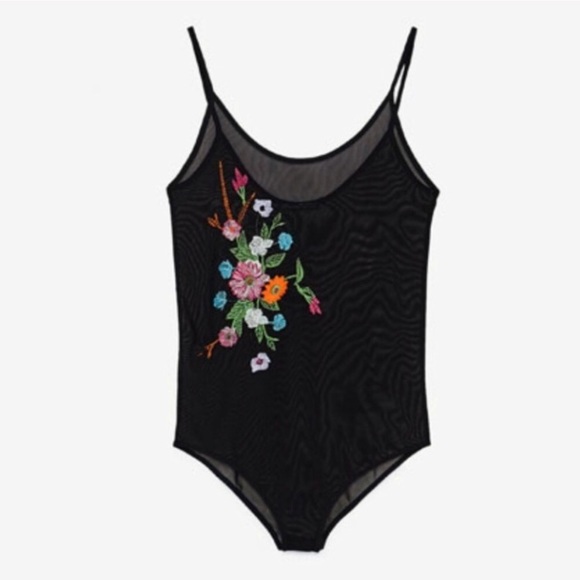 Zara Tops Zara Tulle Mesh Floral Embroidered Bodysuit Poshmark